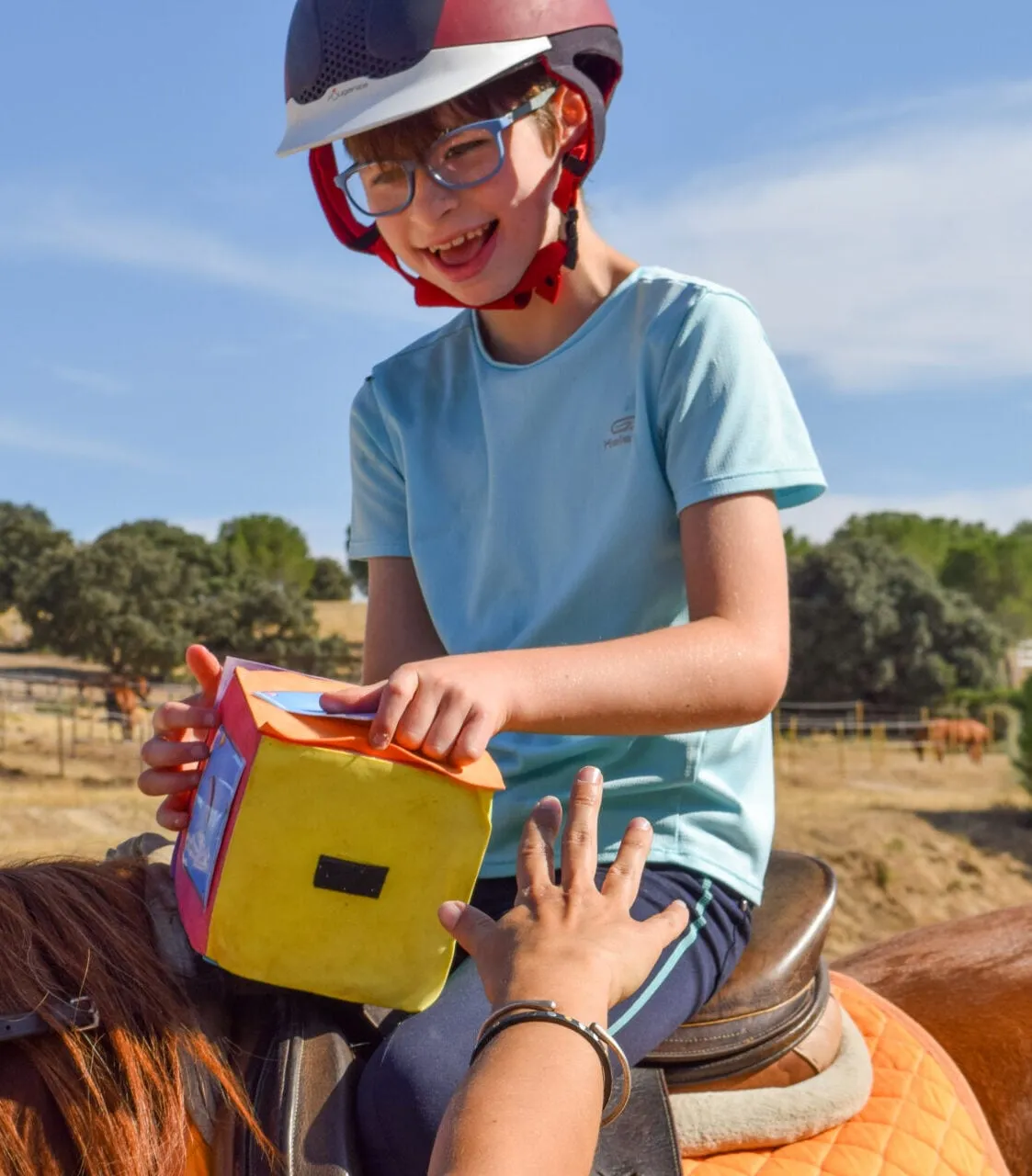 Un niño acaricia al caballo durante una sesión de intervención educativa