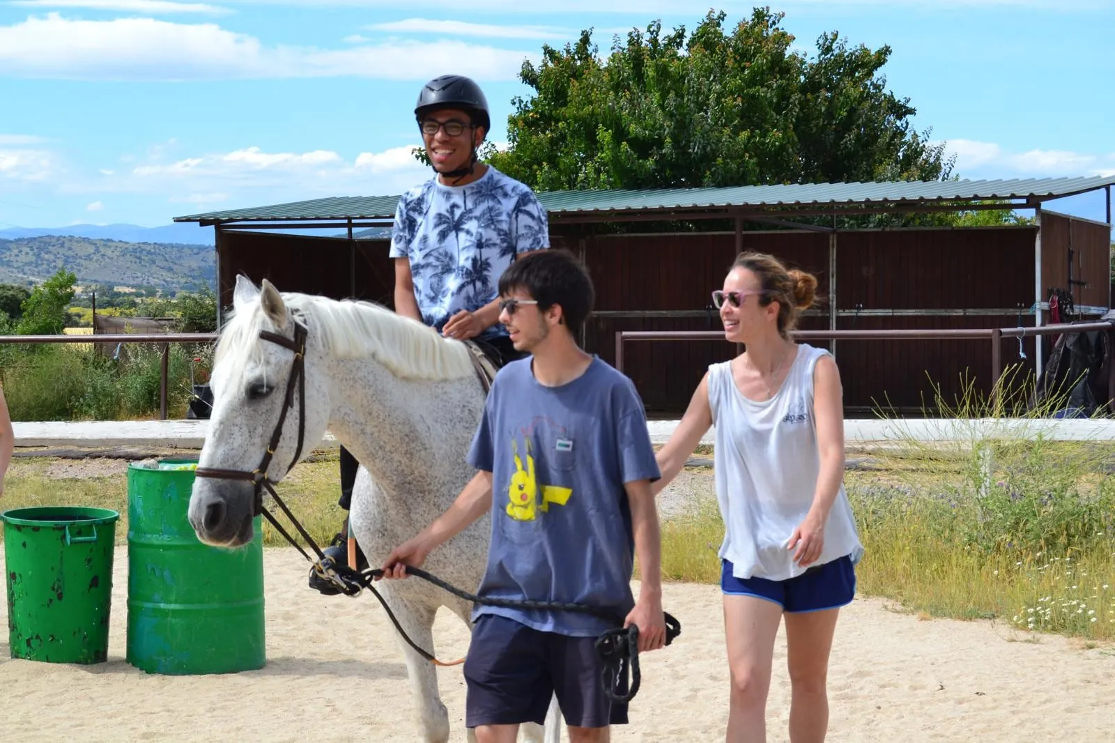 Un grupo de jóvenes y adultos participa en una actividad con uno de los caballos