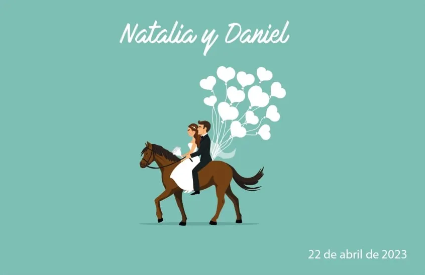 Tarjeta solidaria de boda con una pareja a caballo y la fecha de la celebración