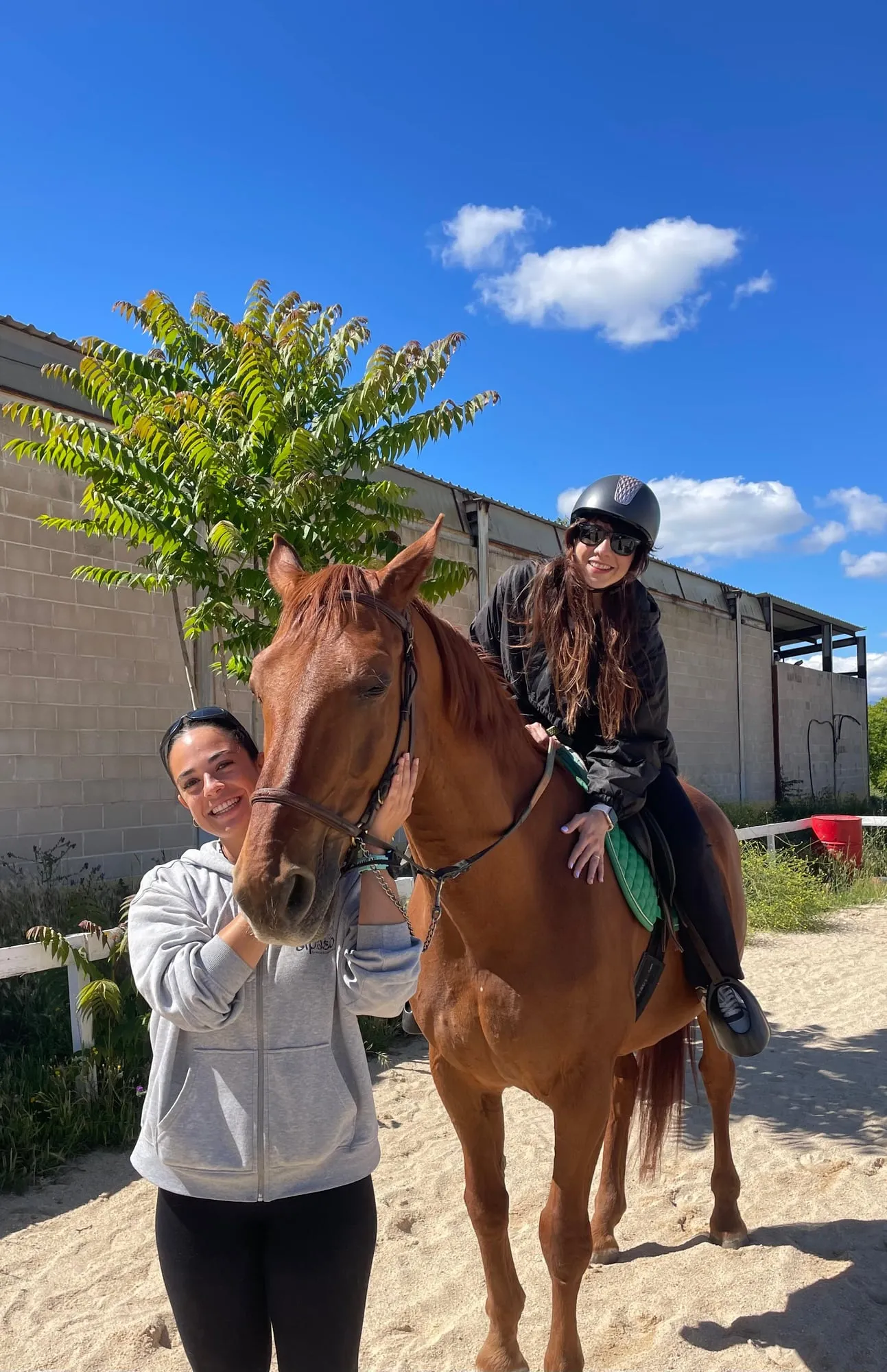 Una voluntaria acompaña a una jinete junto al caballo